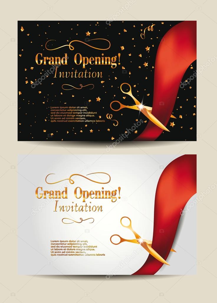 Grand opening invitation cards with confetti and gold scissors