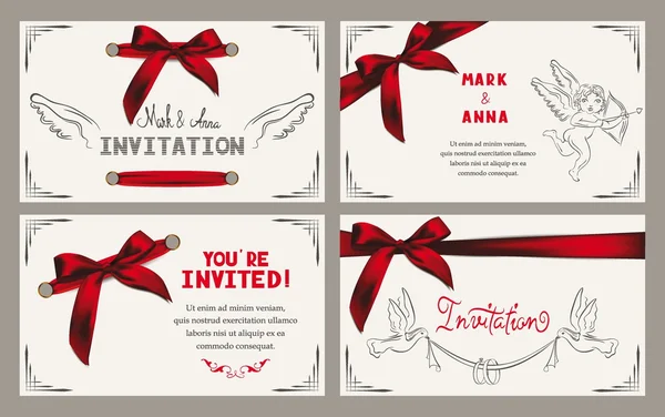 Carte d'invitation de mariage avec des éléments de design vintage et rubans rouges — Image vectorielle