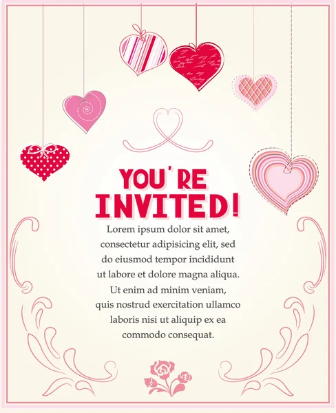 Cartão de convite de casamento com elementos de design vintage e corações — Vetor de Stock