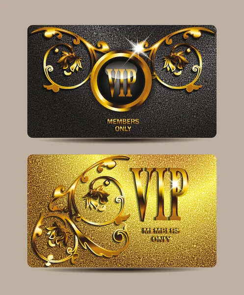 VIP gold cards with floral design elements and textured background — Stock Vector