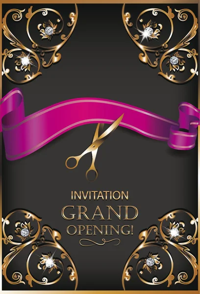 Grand opening invitation gold card with scissors ribbon ans floral design elements — Stock Vector