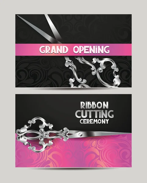 Ribbon cutting ceremony banners with silver scissors,pink ribbon and floral design elements — Stock Vector