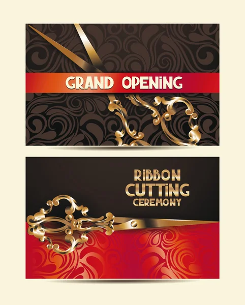 Ribbon cutting ceremony banners with scissors,red ribbon and floral design elements — Stock Vector
