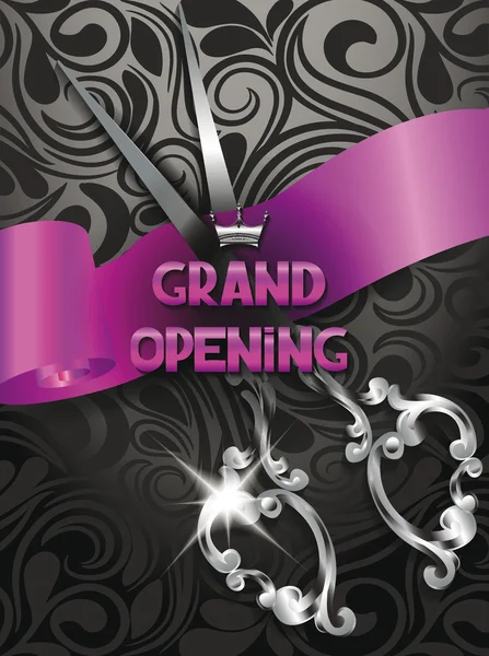 Ribbon cutting ceremony card with silver scissors,purple ribbon and floral design elements Royalty Free Stock Illustrations