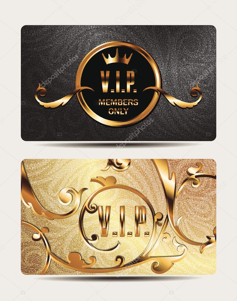 VIP gold cards with floral design elements and textured background