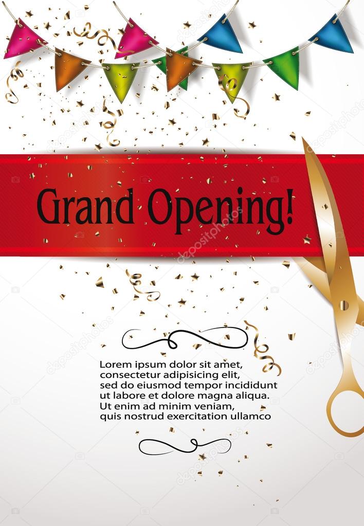 Grand opening invitation cards with decorations and red ribbon