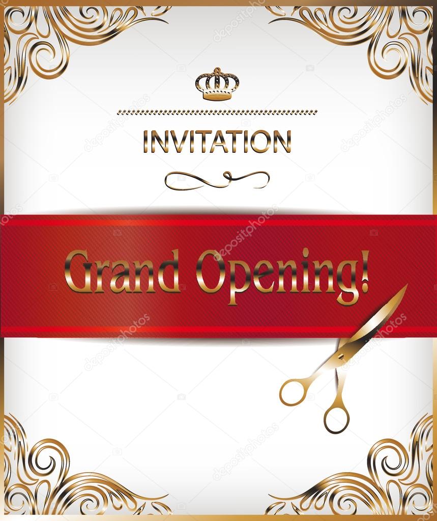 Grand opening invitation gold card with scissors ribbon ans floral design elements