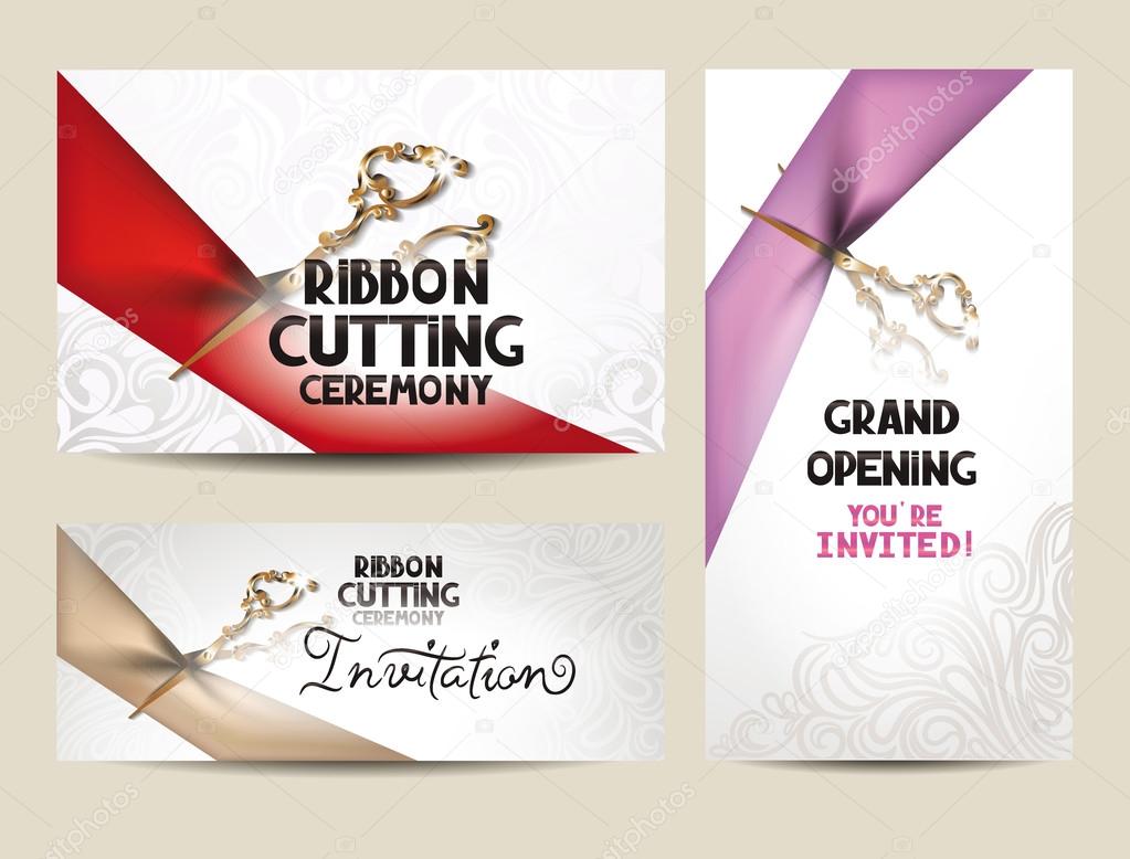 Ribbon cutting ceremony invitation cards with scissors and silk ribbons