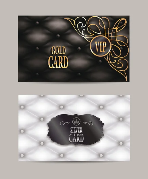 Tarjetas vintage VIP de oro y plata con textura de cuero — Archivo Imágenes Vectoriales