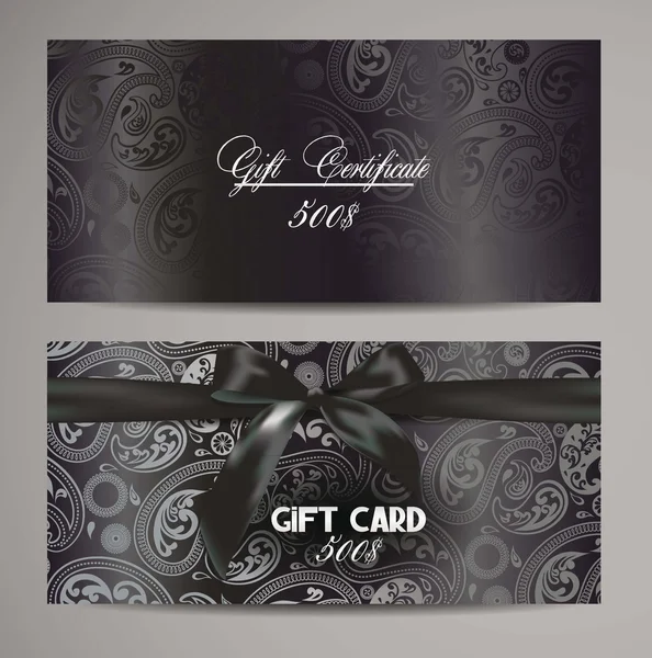 Elegantes certificados de regalo negro con diseño floral — Vector de stock