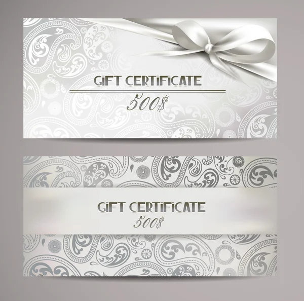 Элегантные белые подарочные сертификаты с шелковыми лентами и цветочным фоном — стоковый вектор