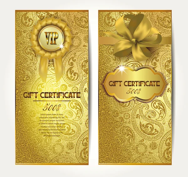 Elegant gold gift certificates with silk ribbons and floral design — Stock Vector