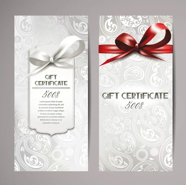 Elegantes certificados de regalo blancos con cintas de seda y fondo floral — Vector de stock