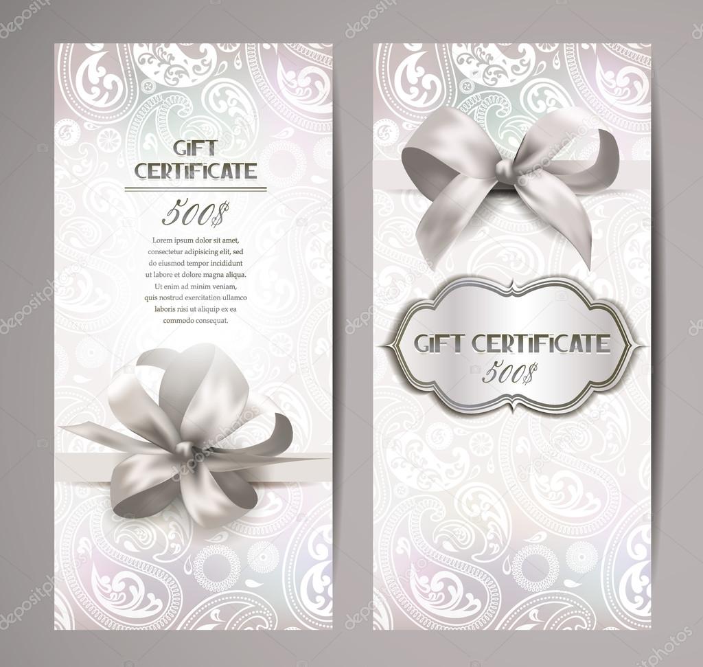 Elegant white gift certificates with silk ribbons and floral background