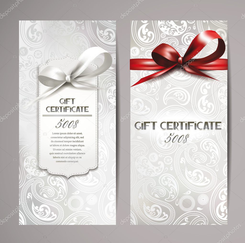 Elegant white gift certificates with silk ribbons and floral background