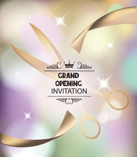 Grand opening invitation card with scissors and silk ribbon — Stock Vector