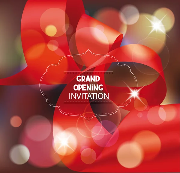 Grand opening invitation card with spotlights, red silk ribbon and
