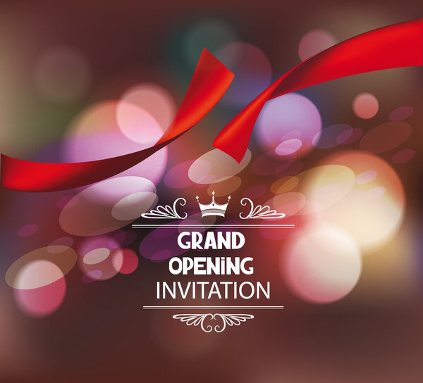 Grand opening invitation card with spotlights, red silk ribbon and scissors
