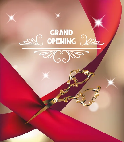 Grand opening card with gold scissors and red silk ribbon — Stock Vector