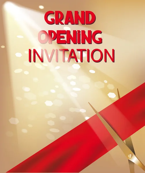 Grand opening invitation card with spotlights, red silk ribbon and scissors — Stock Vector