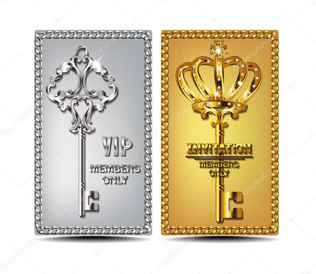 Elegant gold and silver VIP cards with chain frame and key