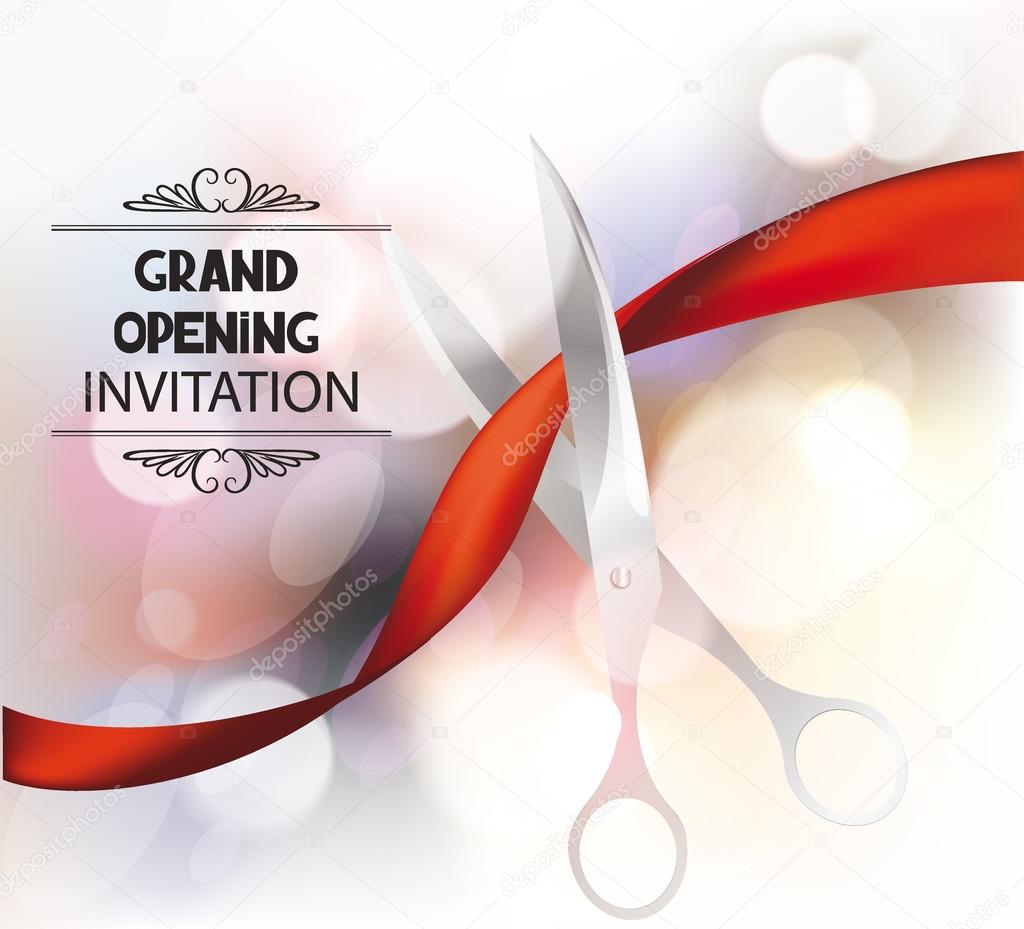 Grand opening card with gold scissors and red silk ribbon