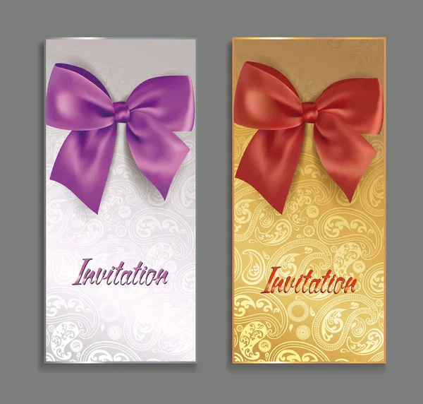 Elegant invitation cards with silk bows and floral background — Διανυσματικό Αρχείο