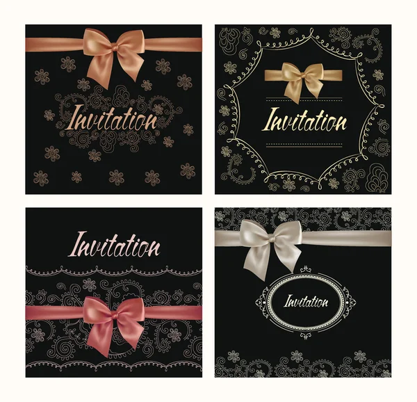 Conjunto de tarjetas de invitación con elementos de diseño floral y lazos de seda — Archivo Imágenes Vectoriales