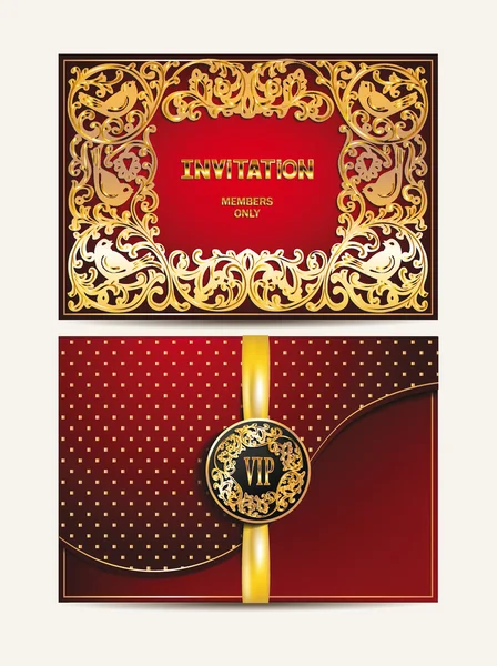 VIP red cards with floral design elements and birds — 스톡 벡터