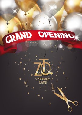 Grand opening card with scissors, air ballons and red  ribbon clipart