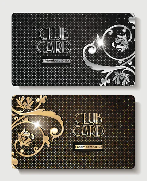 Cartes Club or et argent avec des éléments de design floral — Image vectorielle