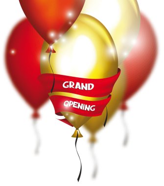 Renkli hava balonları ve kırmızı kurdele ile açılış kartı