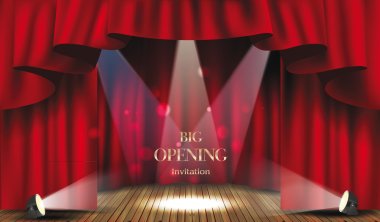 Theater stage with red curtain and spotlights.Big opening invitation clipart