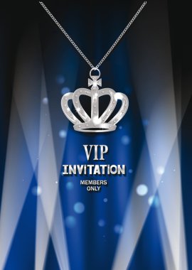 Taç, sahne ışıkları ve mavi perde ile VIP davet kartı