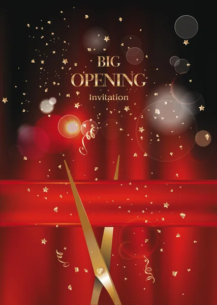 Grande cartão de abertura com tesoura e cortina vermelha — Vetor de Stock