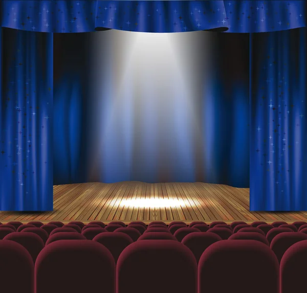 Escenario de teatro con cortina azul, focos y asientos — Vector de stock