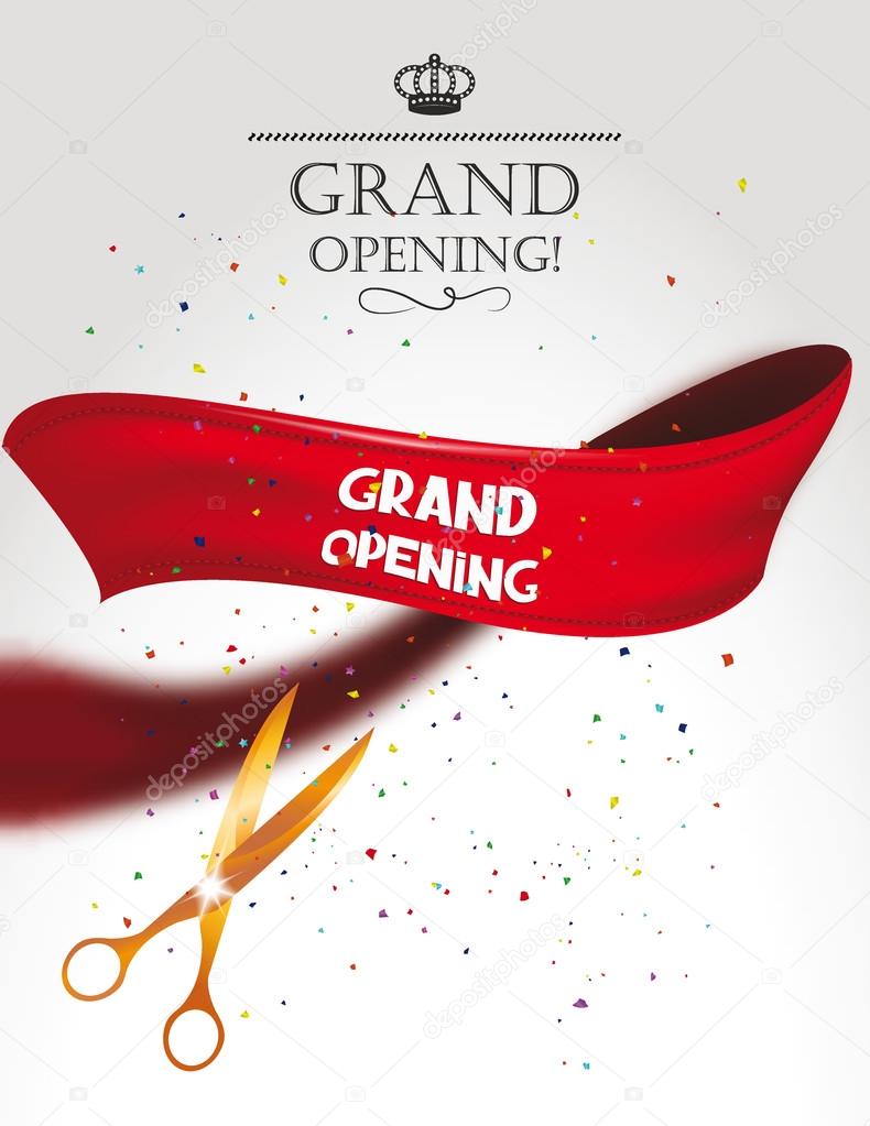 Grand opening card with gold scissors, confetti and red ribbon