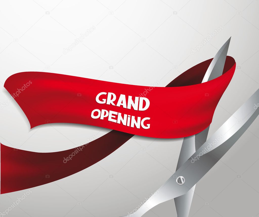 Grand opening card with red ribbon and scissors