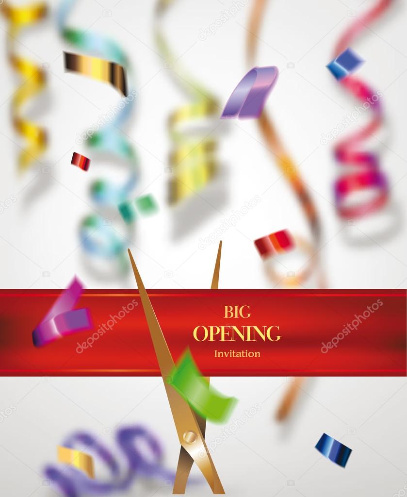 Grand opening invitation card with colorful blurred ribbons and confetti