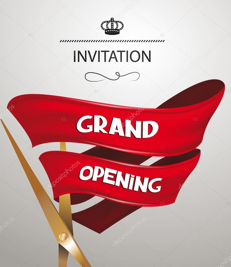 Grand opening invitation card with scissors and red realistic ribbon