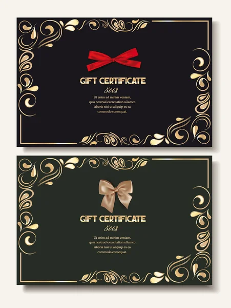 Gift certificates with silk bows and gold floral design — Stock Vector