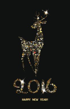 Mutlu yeni yıl kartı parlak geyik ve 2016 yazı ile