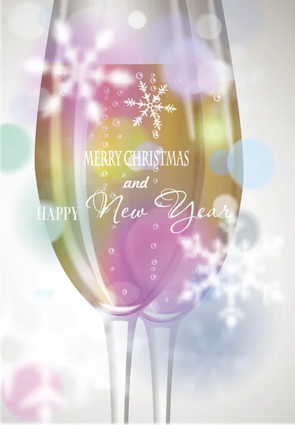 Composición navideña con copas de champán y copos de nieve borrosos — Archivo Imágenes Vectoriales