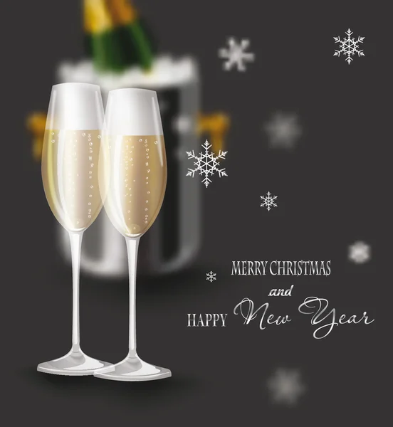 Composizione di Capodanno con bottiglia di champagne e bicchieri — Vettoriale Stock