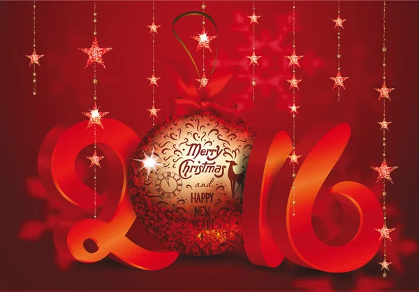 New year 2016 composition with red ball and golden stars