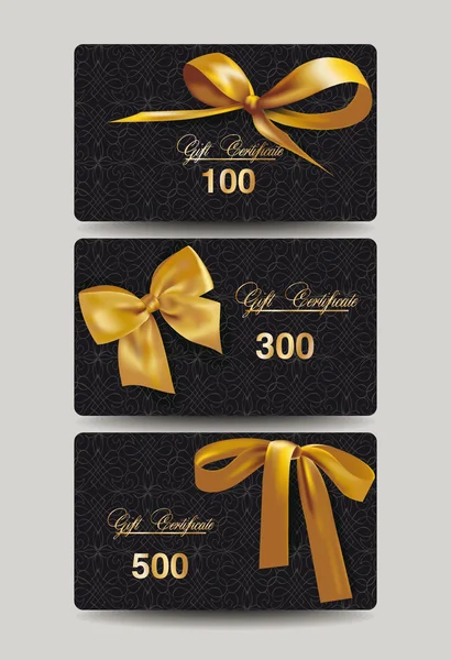 Set of elegant black gift certificates with golden ribbons — Stock Vector