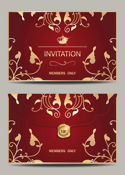 Convite envelope vermelho e dourado com elementos de design floral — Vetor de Stock