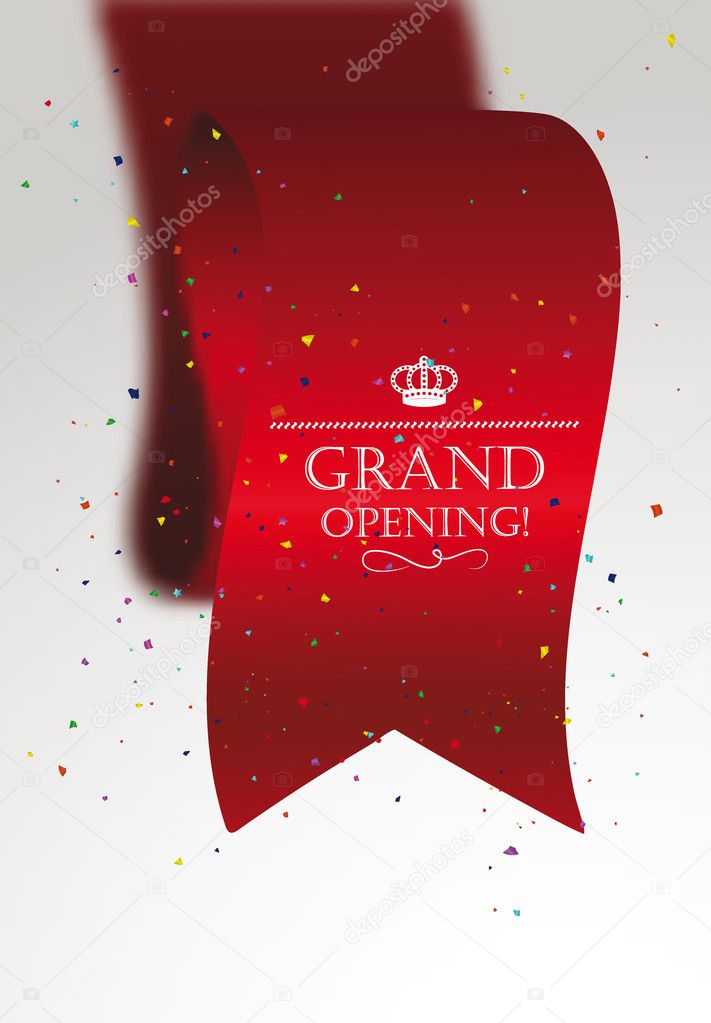 Grand opening card with confetti, red ribbon