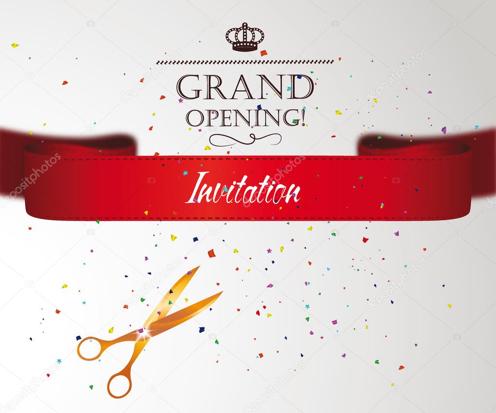 Grand opening card with confetti, bired ribbon and gold scissors