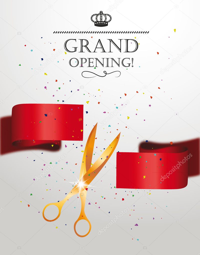 Grand opening card with confetti, red silk ribbon and scissors